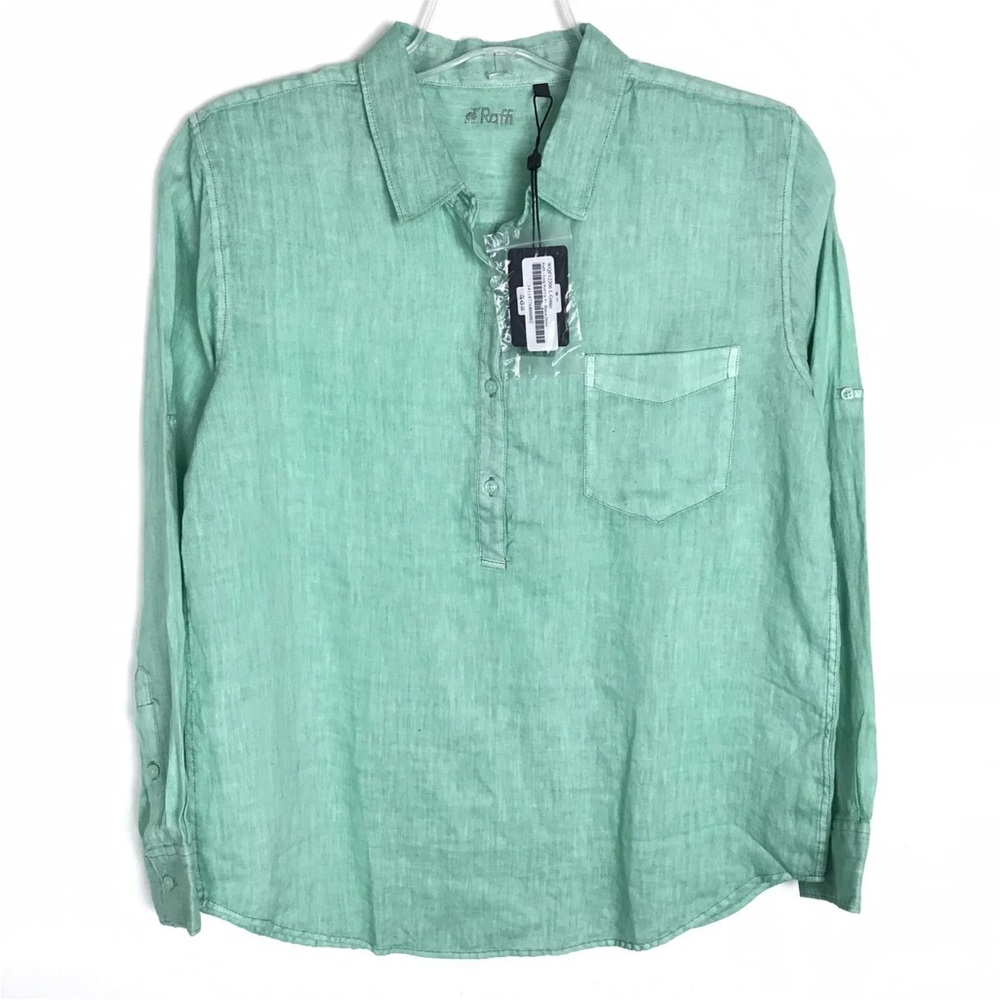 RAFFI women's 100% Linen green long tab sleeve shirt 1/2 button 
Size Large
NWT